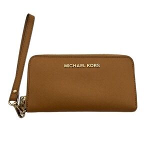 Michael Kors Leather Wristlet Wallet Brown Zip Around 4x7
